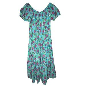 Guadalupe Blue Pink‎ Floral Smocked Off Shoulder Cotton Midi Dress Size M*